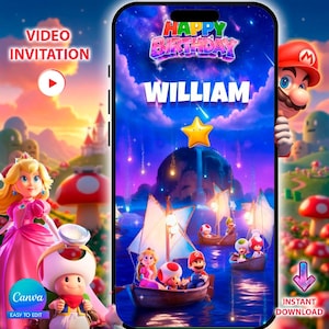 May include: A digital birthday invitation featuring a vibrant scene with characters from the Super Mario franchise. The design includes the text "Happy Birthday William" with a star and boats sailing on water. The invitation is designed to be easily edited.