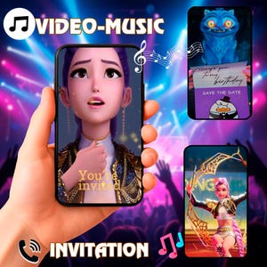 May include: A digital invitation template featuring a smartphone displaying an animated character with purple hair, gold jewelry, and the text You're invited. Additional panels show a blue cat, a birthday card, and a character with a golden bow.