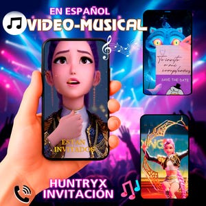 Puede incluir: Una mano sosteniendo un teléfono inteligente que muestra personajes animados y texto. Las pantallas del teléfono muestran una mujer cantando, un gato con una invitación de cumpleaños y un personaje con arco y flecha. El texto incluye "EN ESPAÑOL VIDEO-MUSICAL" y "HUNTRYX INVITACIÓN".