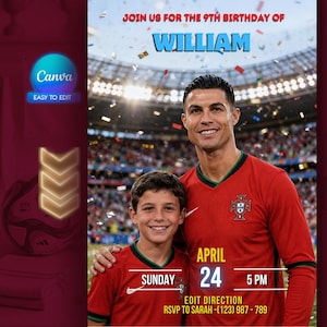 Puede incluir: Una invitación de cumpleaños con una foto de dos personas con camisetas rojas. El texto dice "ÚNETE A LA CELEBRACIÓN DEL 9º CUMPLEAÑOS DE WILLIAM" con la fecha "24 DE ABRIL" y la hora "5 PM". La invitación incluye un contacto RSVP.