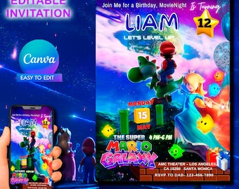 Mario Galaxy Birthday Invitation - Movie Night Invite - Mario Galaxy Birthday Invitation Editable Template Digital Download-Gamer invitation