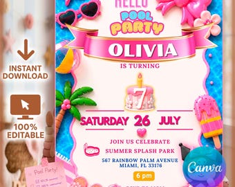 Kitten Pool Party Birthday Invitation, Editable Pink Bow Cat Invite, Girls Summer Birthday Template, Digital Printable Download-and video