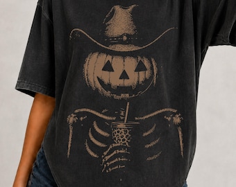 Cowboy Skeleton PNG: Western Skull Pumpkin Head Halftone Halloween