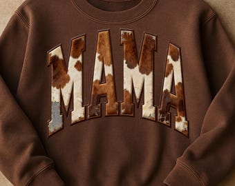 Cowprint Mama PNG, diseño de camisa de piel de vaca estilo western retro (descarga digital)