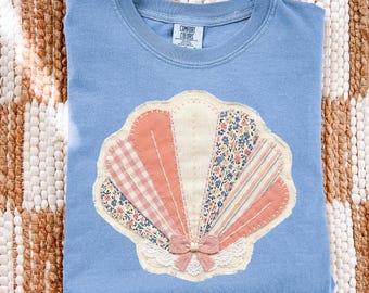 Patchwork Seashell Clipart, Coastal Grannycore Beach PNG, Summer Bow Design (Digital Download)