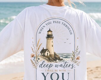 Lighthouse Bible Verse PNG, Deep Waters Faith, Isaiah 43:2 Christian Art (Digital Download)