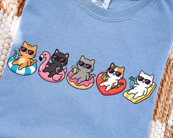 Retro Cat Digital Art: Summer Beach Scene (PNG with Transparent Background)