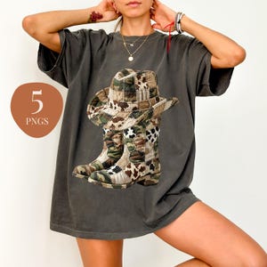 Pacchetto PNG di patchwork western, stivali, cappello e fiocco con stampa mimetica mucca, disegni di ciliegie e caffè, set per sublimazione ragazza di campagna, clipart di applicazioni trapuntate