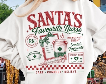 Santa's Favorite Nurse Christmas PNG, Retro Holiday Shift Design (Digital Download)