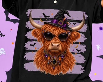 Boujee Halloween Highland Cow PNG, Jeweled Witch Hat, Rhinestone Sunglasses (Digital Download)