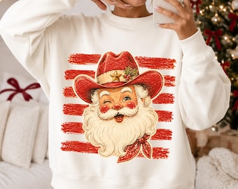 Vintage Cowboy Santa PNG, Retro Western Christmas Clipart (300 DPI)