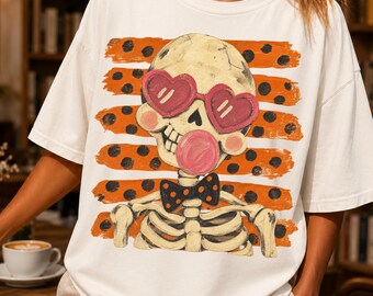Hand-Painted Retro Skeleton PNG, Heart Sunglasses, Bubblegum, Polka Dot Bow Tie (300 DPI)