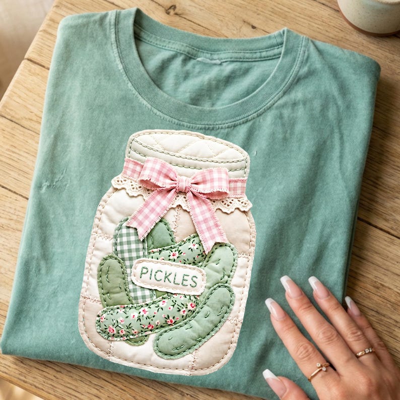 A green t-shirt with a hand-sewn patch of a mason jar filled with pickles, along with a pink and white bow, is laid out on a wooden surface.