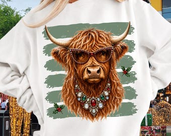 Boujee Highland Cow Christmas PNG, Rhinestone Glasses, Statement Necklace (Digital Download)