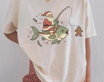 Papá Noel pescando PNG, diseño de sublimación para Navidad con peces