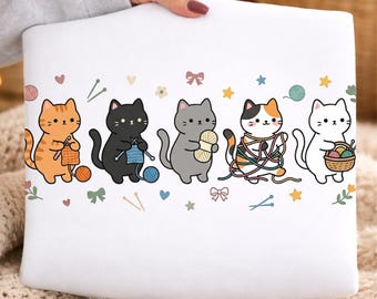 Cat Mom Crochet PNG, Knitting Cat Clipart, Kawaii Craft Design (Digital Download)