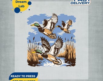 Flying Mallard Ducks Hunting DTF Transfer, Camo Iron On