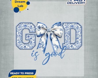 God Is Good DTF Transfer, Blue Chinoiserie Floral Shirt