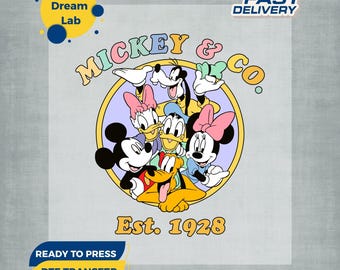 Retro Mickey und Co Est. 1928 bereit, DTF Transfer zu drücken, Disney Maus und Freunde Transferpresse, Disney Mickey Aufbügeln