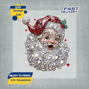 May include: A festive Santa Claus design with a red hat and a white beard, embellished with sparkling crystals. The image includes the text "DTF Dream Lab" and "Ready to Press DTF Transfer". The words "Fast Delivery" are also visible.