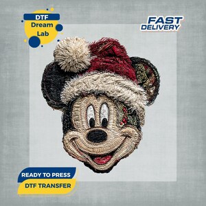 May include: DTF Dream Lab transfer featuring Mickey Mouse wearing a Christmas hat. The design is a detailed, textured image with a smiling face, a red and white hat, and the words "Fast Delivery" and "Ready to Press DTF Transfer".