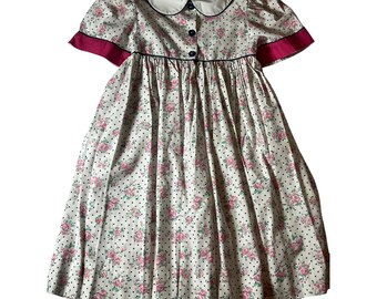 Vintage Girls Floral Polka Dot Dress Pink Blue White Peter Pan Collar Size 6