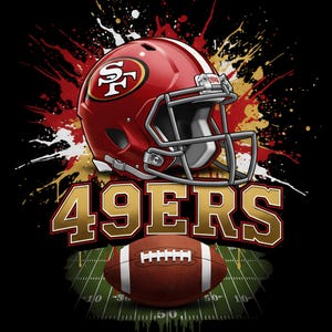 May include: A red American football helmet with a white stripe and the San Francisco 49ers logo, a brown football, and the text "49ERS" in gold against a black background with red and gold paint splatters. The football is on a green field.