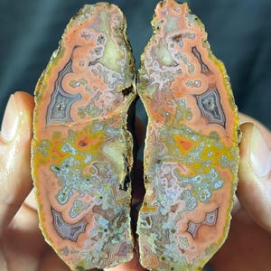 Puede incluir: Dos mitades de una piedra de ágata pulida, que muestran patrones intrincados. La piedra presenta bandas de color naranja, amarillo, gris y blanco, creando un diseño natural único. Los bordes ásperos contrastan con el interior pulido.