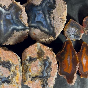 Puede incluir: Una colección de rodajas de ágata pulidas con formas irregulares y bordes exteriores rugosos y texturizados. Las piedras muestran patrones internos de bandas translúcidas azules, grises y naranja intenso, con secciones que presentan formaciones cristalinas.