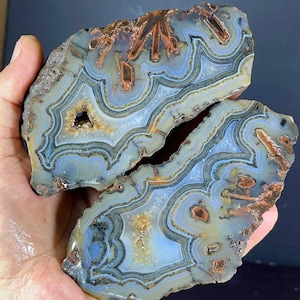 May include: Two polished agate slices featuring concentric bands of translucent light blue, white, and dark grey, interspersed with jagged, rust-coloured mineral inclusions and small, crystalline vugs at the centre of each stone section.
