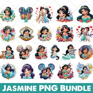 May include: A digital collection of twenty illustrations featuring the character Jasmine in various poses, often accompanied by Aladdin, a tiger, a genie, or a magic lamp, surrounded by floral elements, hearts, and decorative frames.
