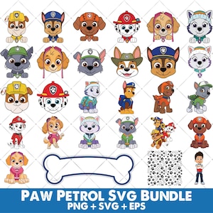 May include: A digital collection of Paw Patrol character illustrations featuring various puppies in colorful uniforms, a bone-shaped frame, a black and white paw print pattern, and a boy character, with the text PAW PETROL SVG BUNDLE PNG + SVG + EPS.