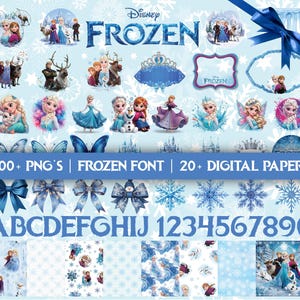 May include: A digital collection featuring Disney Frozen characters, snowflakes, blue bows, and decorative frames. The set includes over 100 PNG files, a Frozen-themed font, 20 digital papers, and the alphabet with numbers 0 through 9 on a light blue background.