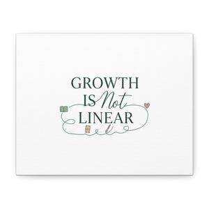 May include: White canvas art print with the text "GROWTH IS Not LINEAR" in dark green script. The design includes a book, a small house, a pen, and a heart, all in soft colors, connected by a looping line.