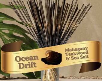 Incienso artesanal Ocean Drift de 28 cm (11") con doble aroma — Paquetes de 25, 50 y 100 unidades / Sal marina y caoba con madera de teca / Incluye paquete de muestra de 3 varitas