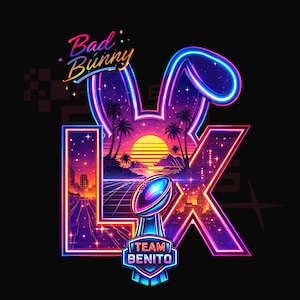 Puede incluir: Un diseño gráfico de neón con las palabras "Bad Bunny" sobre un contorno de oreja de conejo. El diseño incluye un paisaje urbano, palmeras, un trofeo de fútbol y el texto "Team Benito" en un escudo, todo en colores vibrantes.