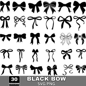 Può includere: Una collezione di 30 modelli di fiocchi neri in vari stili. I fiocchi sono presentati in una griglia, ognuno con una forma e un nodo unici. L'immagine include il testo "BLACK BOW SVG PNG" e "30 DESIGNS".