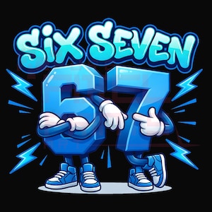 Puede incluir: Un diseño gráfico sobre un fondo negro presenta las palabras "SIX SEVEN" en letras de burbujas de color azul claro. Los números 6 y 7 están personificados con brazos, piernas y zapatillas deportivas. Rayos azules rodean los números.
