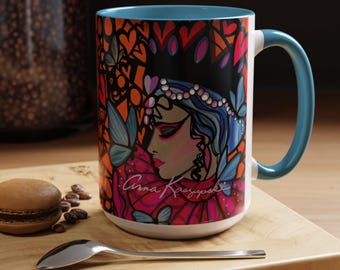 Butterfly Queen Accent Coffee Mug- 2 color choices- Vibrant Artistic Heart & Butterfly Design