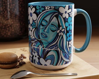 Artistic Blue Floral Coffee Mug - 15oz Serene Abstract Woman Design