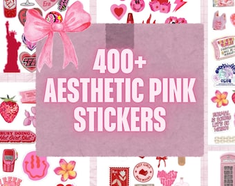 May include: A collection of pink aesthetic stickers with various designs, including a martini glass, a strawberry, and the text "400+ AESTHETIC PINK STICKERS." The stickers feature a variety of images and phrases.