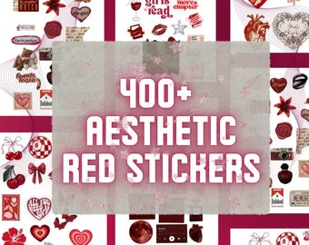 May include: A collage of red aesthetic stickers with various designs, including hearts, lips, flowers, and text. The text on the stickers includes phrases like "Love of my life" and "Hot girls read". The image also features the text "400+ Aesthetic Red Stickers".
