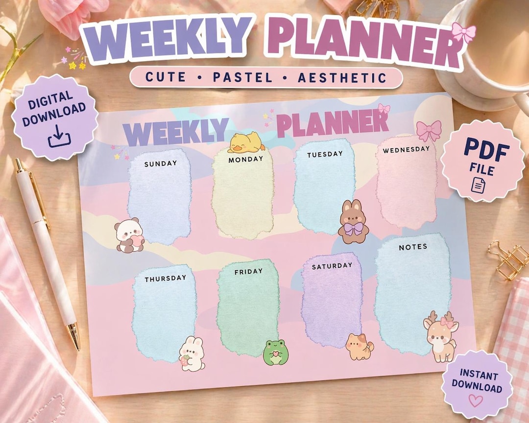 Kawaii Weekly Planner Printable PDF | Pastel Desk Organizer - Etsy