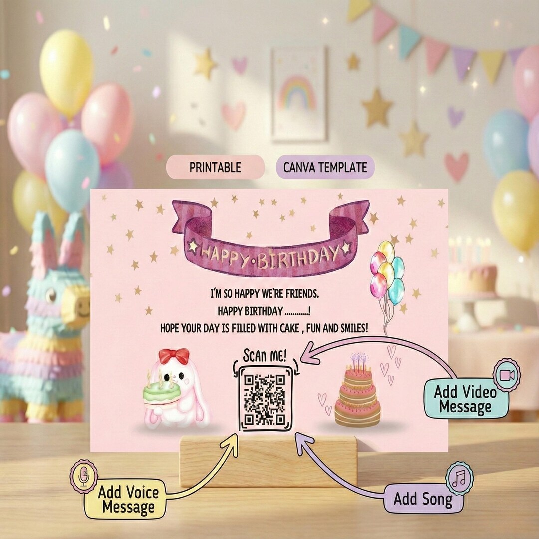 Editable Pink Bunny Birthday Card Canva Template | Interactive QR Code ...