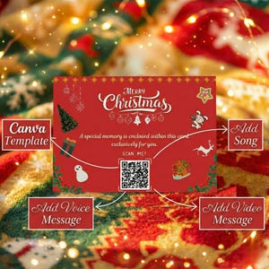 May include: A red Christmas card with the words "Merry Christmas" in white script. The card includes festive illustrations and the text "A special memory is enclosed within this card exclusively for you. SCAN ME!"