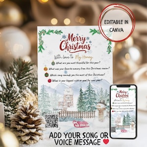Puede incluir: Una tarjeta de Navidad con el texto "Merry Christmas" y "With love to My Honey." La tarjeta presenta una escena invernal con un muñeco de nieve, casas y árboles. Un smartphone muestra el diseño de la tarjeta. La tarjeta es editable en Canva.