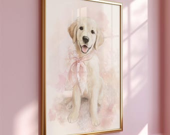 Lámina infantil Golden Retriever para niña / Arte de pared con perro en tonos pastel / Decoración femenina para habitación de cachorro / Acuarela de Golden Retriever / Descarga digital