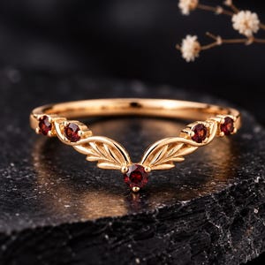 Dainty Garnet Curved Wedding Band, Nature Inspired Leaf Stacking Ring in 925 Sterling Silver, V Shape Minimalist Anniversary Gift
