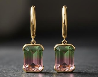 Emerald Cut Watermelon Tourmaline Drop Hoops, Dangle Drop Hoops Earrings, Green Pink Gemstone Hoop Earrings For Her October Birthstone Hoops