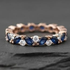 Full Eternity Marquise Cut Blue Sapphire & Moissanite Engagement Ring, Stackable Alternative Anniversary Gift Ring, Proposal Ring For Her